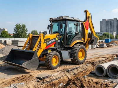 backhoe loader working on municipal road construction site, multi-function loader excavator for urban engineering and pipeline excavation