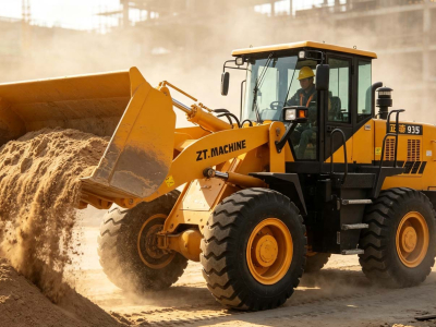 Close-up of a heavy-duty wheel loader bucket scooping sand, showing proper digging technique.