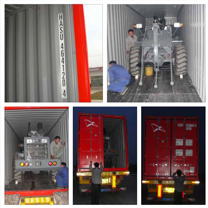 جرافة ذات عجلات مُخصصة مزودة بجرافة كبيرة الحجم، يتم شحنها في حاوية.