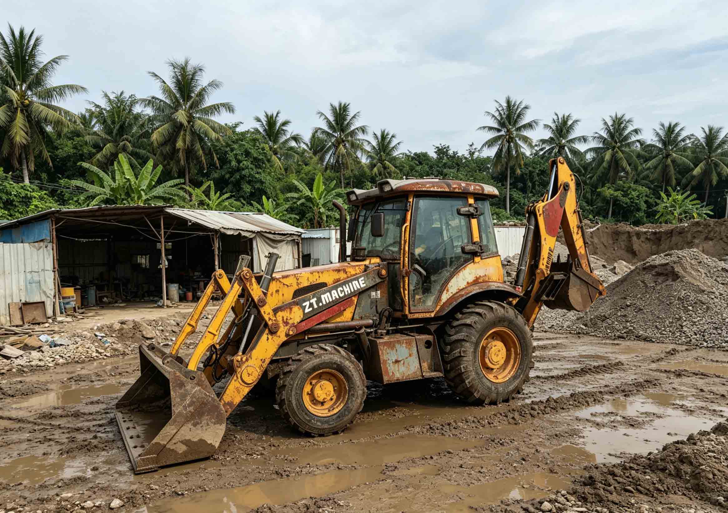 Экскаватор-погрузчик ZT.MACHINE работает в грязи Сальвадора.