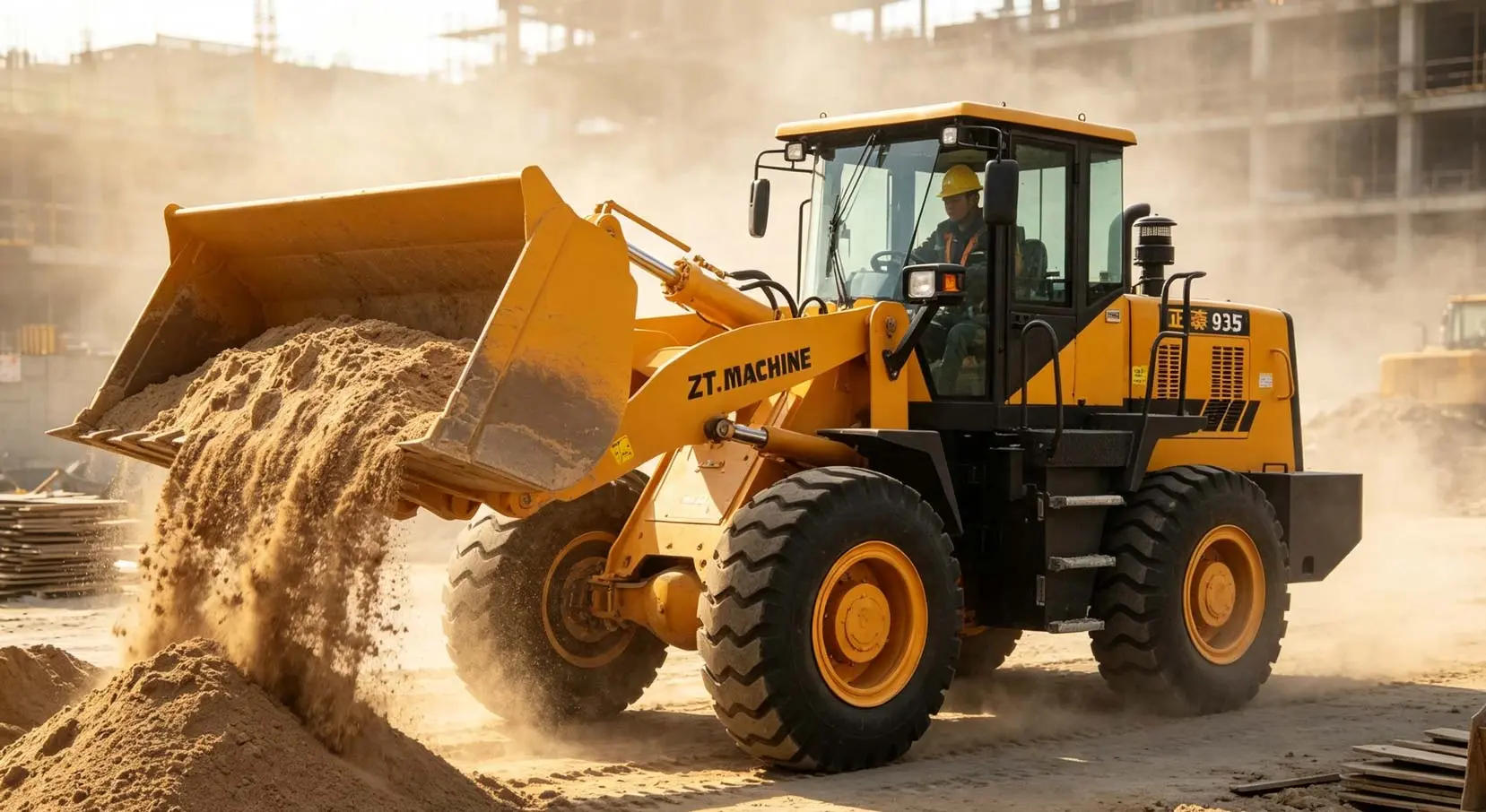 Close-up of a heavy-duty wheel loader bucket scooping sand, showing proper digging technique. Close-up of a heavy-duty wheel loader bucket scooping sand, showing proper digging technique.