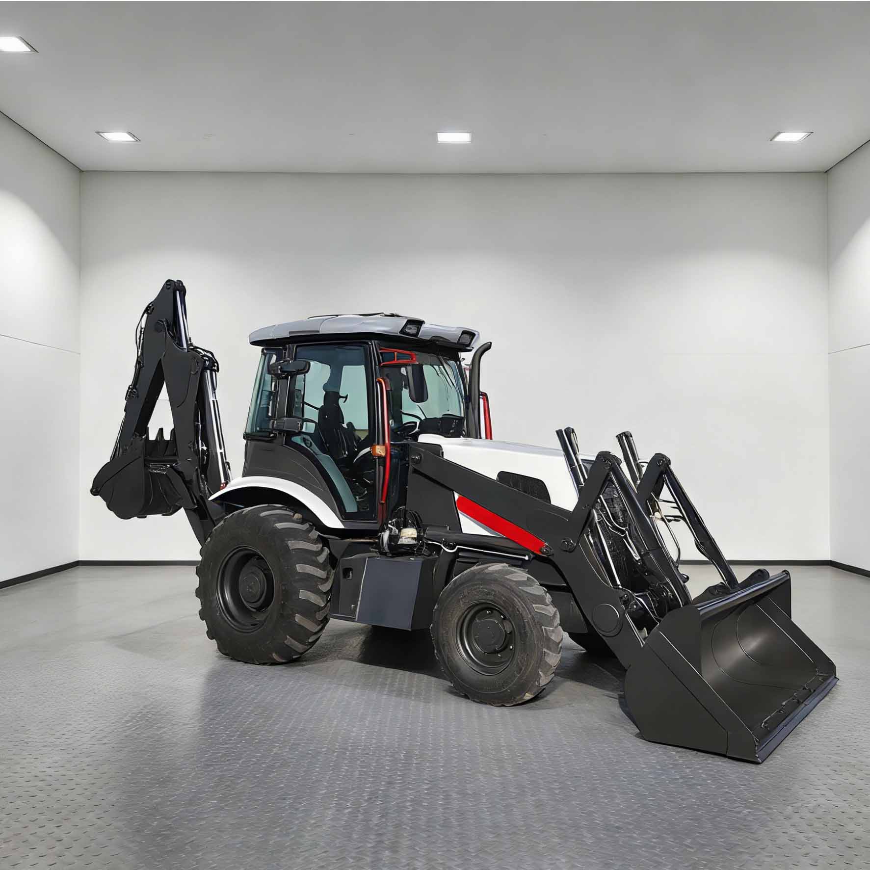 Высокопроизводительный экскаватор-погрузчик Cummins мощностью 75 кВт с двумя ковшами.