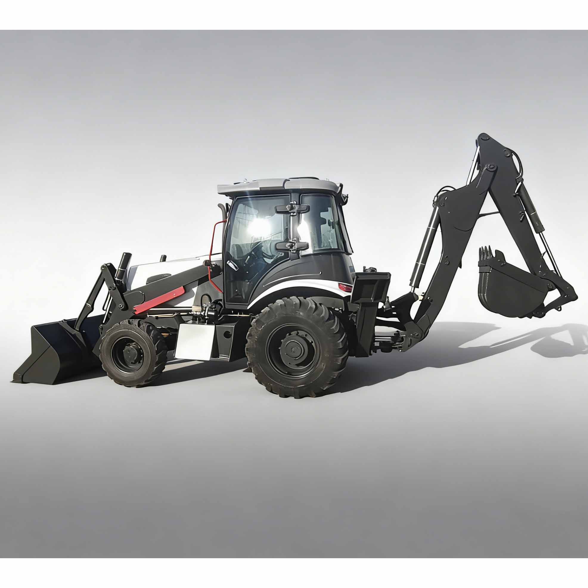 Retroescavadora com chave seletora 2WD/4WD em movimento