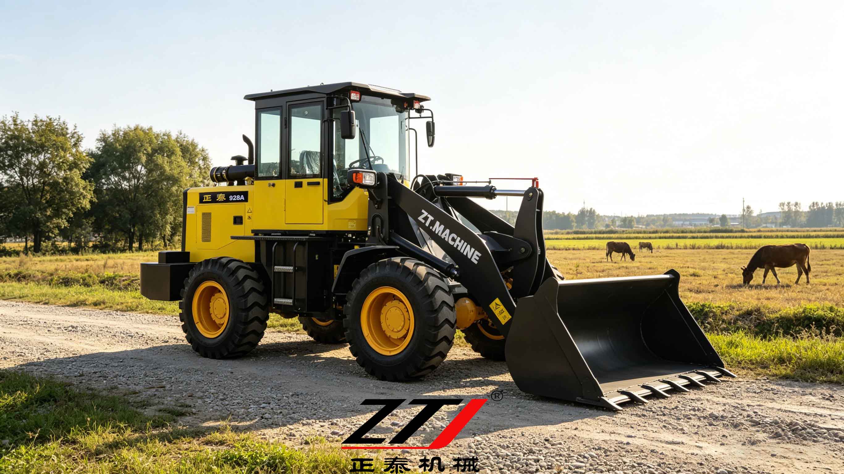 Cargadora de ruedas compacta ZT 928A trabajando en un sitio agrícola.