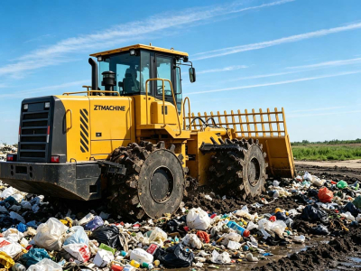 ZT MACHINE 21-ton landfill compactor working in landfill site, each wheel equipped with 64 wear-resistant teeth for municipal waste compaction.