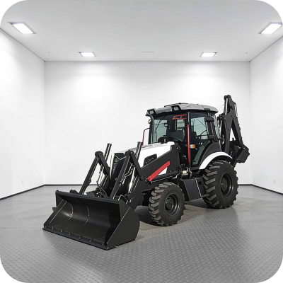 Retroexcavadora versátil equipada con un robusto martillo hidráulico