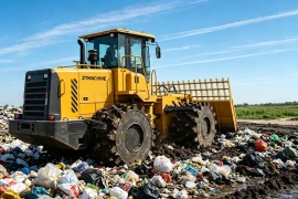 Компактор для свалок ZT MACHINE массой 21 тонна работает на полигоне ТБО, каждое колесо оснащено 64 износостойкими зубьями для уплотнения municipalных отходов.
